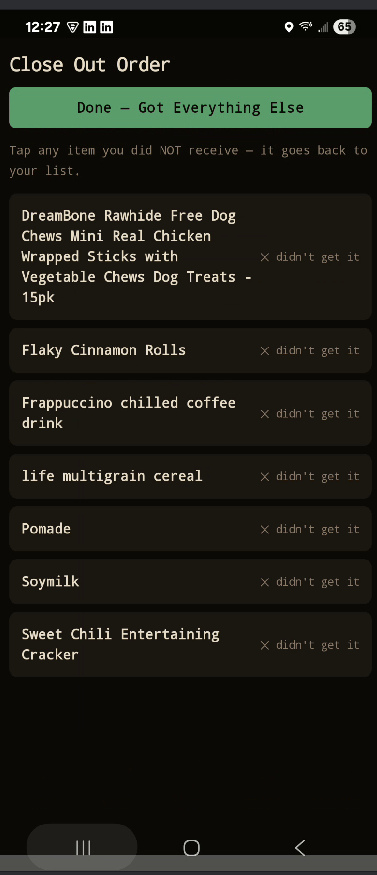 Close Out Order screen showing items with option to mark as didn't get it