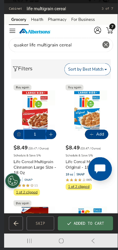 Guided Shopping inside Albertsons showing item added to cart