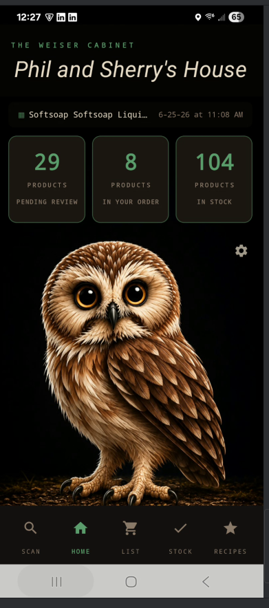 The Weiser Cabinet home screen showing Phil and Sherry's House with household stats and the owl